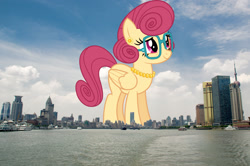 Size: 2048x1357 | Tagged: safe, artist:baumkuchenpony, derpibooru import, edit, editor:jaredking779, posey shy, pegasus, pony, china, female, folded wings, giant pegasus, giant pony, giantess, glasses, highrise ponies, irl, jewelry, macro, mare, mega giant, necklace, pearl necklace, photo, ponies in real life, shanghai, smiling, solo, wings