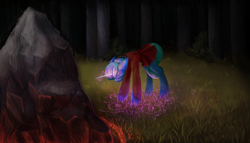 Size: 3500x2000 | Tagged: safe, artist:anastas, derpibooru import, oc, pony, unicorn, blue coat, boulder, bow, choker, clothes, commission, dark magic, detailed background, dress, eyes closed, female, forest, glowing, grass, grass field, green mane, green tail, magic, magic aura, mare, red dress, ritual, rock, runes, skirt, solo, solo female, solo focus, spiked choker, stone, tail, tree