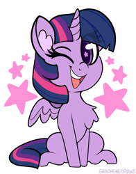 Size: 2186x2783 | Tagged: safe, artist:graphene, derpibooru import, twilight sparkle, twilight sparkle (alicorn), alicorn, pony, chest fluff, chibi, cute, one eye closed, open mouth, open smile, simple background, sitting, smiling, solo, starry eyes, stars, white background, wingding eyes, wink