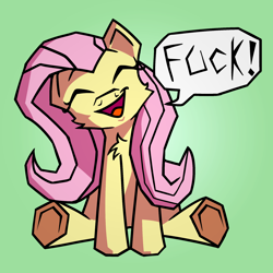 Size: 2000x2000 | Tagged: safe, artist:liminalbunny, derpibooru import, fluttershy, pegasus, pony, ^^, angular, eyes closed, gradient background, open mouth, open smile, out of character, sitting, smiling, solo, speech bubble, underhoof, vulgar