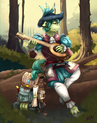 Size: 2769x3500 | Tagged: safe, artist:mazinga669, derpibooru import, sandbar, anthro, earth pony, pony, unguligrade anthro, series:saga of sandbard, adorable, backpack, bard, commission, crossover, dungeons and dragons, eyes closed, fantasy, fantasy class, forest, forest background, fully shaded, hat, hooved anthro, implied gallus, lute, male, medieval, minstrel, musical instrument, older sandbar, pantaloons, pen and paper rpg, puffy sleeves, rpg, ruffles, sitting on a tree, solo, stallion, stupid sexy sandbar, vambrace