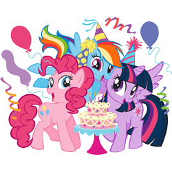 Size: 2048x2048 | Tagged: safe, pinkie pie, rainbow dash, twilight sparkle, balloon, birthday cake, cute, official, party hat, simple background, stock vector, transparent background, zazzle