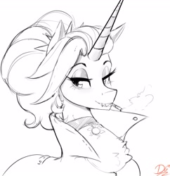 Size: 3000x3100 | Tagged: safe, artist:thelunarmoon, derpibooru import, oc, oc only, oc:dyx, alicorn, pony, chest fluff, choker, cigarette, female, grayscale, high res, lidded eyes, mare, monochrome, mouth hold, older, older dyx, simple background, smoking, solo, white background