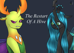 Size: 2039x1446 | Tagged: safe, artist:natt333, derpibooru import, queen chrysalis, thorax, changedling, changeling, changeling queen, fanfic:the restart of a hive, angry, antlers, author:shakespearicles, changeling king, chrysarax, cover art, crown, disgusted, eyebrows, eyelashes, eyes open, family, fanfic, fanfic art, fangs, female, fimfiction, frown, furious, gritted teeth, horn, implied inbreeding, implied incest, implied sex, implied shipping, inbreeding, incest, jewelry, king, king and queen, king thorax, logo, looking, looking at each other, looking at someone, male, mother and child, mother and son, nostrils, parent and child, queen, regalia, royalty, shakespearicles, shipping, signature, simple background, straight, teeth, text, the restart of a hive, wall of tags, wings, xk-class end-of-the-world scenario