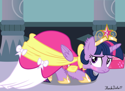 Size: 1680x1230 | Tagged: safe, artist:thunderdasher07, derpibooru import, twilight sparkle, twilight sparkle (alicorn), alicorn, pony, alternate hairstyle, big crown thingy, blushing, canterlot castle, clothes, coronation dress, diaper, diaper butt, diaper fetish, diaper package, diaper under clothes, dress, element of magic, female, fetish, hallway, jewelry, magical mystery cure 10th anniversary, poofy diaper, regalia, solo