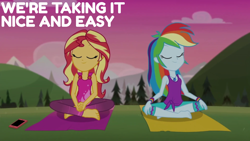 Size: 1920x1080 | Tagged: safe, derpibooru import, edit, edited screencap, editor:quoterific, screencap, rainbow dash, sunset shimmer, better together, equestria girls, wake up!, barefoot, cellphone, duo, duo female, eyes closed, feet, female, phone, relaxing, smartphone, smiling, yoga, yoga mat