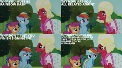 Size: 2000x1125 | Tagged: safe, derpibooru import, edit, edited screencap, editor:quoterific, screencap, big macintosh, rainbow dash, scootaloo, earth pony, pegasus, pony, brotherhooves social, apple, apple tree, blushing, clothes, crossdressing, disguise, dress, female, filly, foal, frown, grin, lipstick, makeup, male, mare, open mouth, open smile, orchard blossom, smiling, stallion, tongue, tongue out, tree, trio, wig