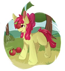 Size: 1172x1279 | Tagged: safe, artist:rain_537, derpibooru import, apple bloom, earth pony, pony, adorabloom, apple, apple bloom's bow, balancing, blank flank, bow, cute, female, filly, foal, food, hair bow, happy, open mouth, open smile, simple background, smiling, solo, white background