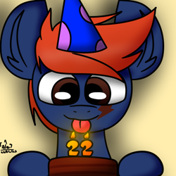 Size: 1024x1024 | Tagged: safe, artist:nhale, derpibooru import, oc, oc only, oc:fizakn catto, monster pony, original species, tatzlpony, 22, :p, birthday, blue pony, cake, cute, food, hair, hat, orange, party hat, simple background, solo, tongue, tongue out