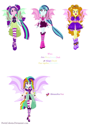 Size: 1144x1630 | Tagged: safe, artist:prettycelestia, derpibooru import, adagio dazzle, aria blaze, sonata dusk, siren, equestria girls, boots, disguise, disguised siren, fusion, gem, high heel boots, multicolored hair, multiple arms, ponied up, shoes, simple background, siren gem, sirenified, species swap, the dazzlings, white background