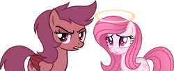 Size: 1468x604 | Tagged: safe, artist:kingbases, artist:tanahgrogot, derpibooru import, oc, oc:annisa fatmawati, oc:virva, earth pony, pegasus, pony, base used, duo, duo female, female, gritted teeth, looking at you, mare, medibang paint, sad, simple background, solo, sultry pose, teeth, transparent background