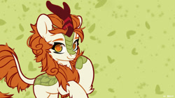 Size: 1920x1080 | Tagged: safe, artist:shelti, derpibooru import, edit, autumn blaze, kirin, abstract background, cloven hooves, colored pupils, female, green background, high res, looking at you, pointing at self, signature, simple background, solo, wallpaper, wallpaper edit