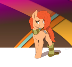 Size: 1518x1427 | Tagged: safe, artist:shpinat9, derpibooru import, oc, oc only, oc:rusty gears, earth pony, pony, background, clothes, female, scarf, socks, solo, striped scarf, striped socks