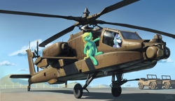 Size: 2910x1692 | Tagged: safe, artist:tucksky, derpibooru import, oc, oc:dahan, oc:horsewhite, pegasus, ah-64, ah64, airfield, apache, attack helicopter, car, cloud, helicopter, jeep, mountain, sky, smiling, tucksky