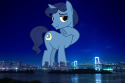 Size: 2048x1367 | Tagged: safe, artist:cheezedoodle96, derpibooru import, edit, editor:jaredking779, night light, pony, unicorn, attack on pony, frog (hoof), giant pony, giant unicorn, highrise ponies, irl, japan, looking at you, macro, male, mega giant, photo, ponies in real life, raised hoof, raised leg, smiling, solo, story included, tokyo, underhoof