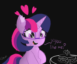 Size: 5800x4800 | Tagged: safe, artist:gean, derpibooru import, twilight sparkle, pony, unicorn, black background, daffodil and daisy sandwich, date, ear fluff, ears, emanata, food, glasses, heart, heart eyes, nervous, sandwich, shy, simple background, solo, text, watermark, wingding eyes