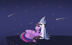 Size: 2048x1280 | Tagged: safe, artist:weylandyuutani, derpibooru import, twilight sparkle, twilight sparkle (alicorn), alicorn, bird, blue jay, pony, caress, cliff, crossover, crossover shipping, female, folded wings, lying down, male, mare, mordecai, mordetwi, night, night sky, prone, regular show, shipping, shooting star, sitting, sky, stargazing, straight, tail, tail feathers, thin legs, wings