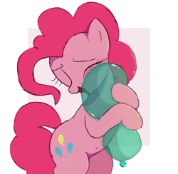 Size: 1608x1572 | Tagged: safe, artist:mizhisha, derpibooru import, pinkie pie, earth pony, pony, balloon, belly button, bipedal, cuddling, eyes closed, female, hug, mare, open mouth, solo, squeeze, that pony sure does love balloons