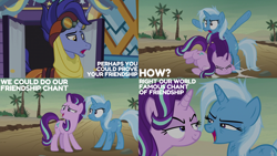 Size: 2000x1125 | Tagged: safe, derpibooru import, edit, edited screencap, editor:quoterific, screencap, hoo'far, starlight glimmer, trixie, road to friendship, hoo'far's wagon, wagon