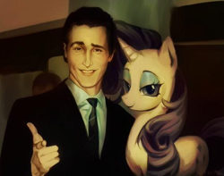 Size: 568x447 | Tagged: safe, derpibooru import, machine learning generated, rarity, human, pony, unicorn, american psycho, clothes, crossover, looking at you, patrick bateman, pointing at you, smiling, suit