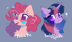 Size: 2100x1238 | Tagged: safe, artist:mirtash, derpibooru import, pinkie pie, twilight sparkle, earth pony, pony, bust, chest fluff, duo, duo female, female, glasses, lesbian, mare, portrait, shipping, simple background, smiling, twinkie