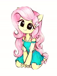 Size: 2210x2947 | Tagged: safe, artist:liaaqila, derpibooru import, fluttershy, human, better together, equestria girls, big eyes, butterfly hairpin, chibi, cute, female, fluttershy boho dress, high res, kneeling, pony ears, shyabetes, simple background, solo, traditional art, white background