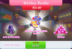 Size: 1257x860 | Tagged: safe, derpibooru import, twilight sparkle, twilight sparkle (alicorn), alicorn, advertisement, archway, bundle, bush, clothes, costs real money, costume, english, female, gameloft, gem, lunar new year, mare, mobile game, my little pony: magic princess, numbers, official, sale, solo, solo focus, statue, text