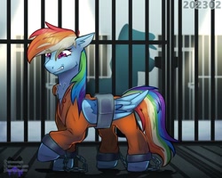 Size: 1280x1024 | Tagged: safe, artist:lavendur_x316, derpibooru import, rainbow dash, bound wings, chest fluff, clothes, cuffs, jumpsuit, never doubt rainbowdash69's involvement, prison outfit, prisoner rd, shackles, solo focus, wing cuffs, wings