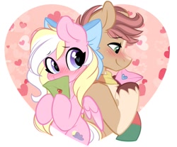 Size: 1141x944 | Tagged: safe, artist:emberslament, derpibooru import, oc, oc only, oc:bay breeze, oc:pitch pine, earth pony, pegasus, pony, blushing, blushing profusely, bow, clothes, hair bow, heart, heart eyes, letter, love letter, scarf, simple background, unshorn fetlocks, white background, wingding eyes