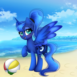 Size: 2000x2000 | Tagged: safe, artist:splashofsweet, derpibooru import, princess luna, alicorn, pony, beach, beach ball, cute, ethereal mane, ethereal tail, female, looking at you, lunabetes, mare, ocean, sand, solo, spread wings, tail, water, wings