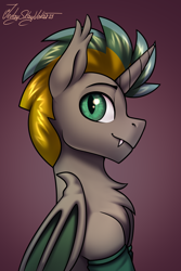 Size: 2000x3000 | Tagged: safe, artist:jedayskayvoker, derpibooru import, oc, oc only, oc:golden mango, alicorn, bat pony, bat pony alicorn, pony, bat wings, bust, chest fluff, clothes, folded wings, gradient background, heterochromia, horn, icon, looking at you, male, portrait, socks, solo, stallion, wings