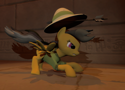 Size: 3000x2160 | Tagged: safe, artist:xafilah, derpibooru import, daring do, pegasus, pony, 3d, arrow, dodge, gmod, hat, pith helmet, solo