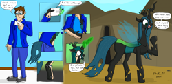 Size: 2751x1339 | Tagged: safe, artist:pokefan-tf, derpibooru import, queen chrysalis, changeling, changeling queen, human, burning, clothes, glowing, glowing horn, horn, human to changeling, letter, love letter, male to female, reality shift, rule 63, torn clothes, transformation, transgender transformation