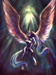 Size: 900x1200 | Tagged: safe, derpibooru import, princess celestia, alicorn, pony, epic, flying, solo, wings