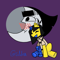 Size: 2402x2389 | Tagged: safe, artist:goldensuculents, derpibooru import, earth pony, pony, blue and yellow, blushing, clothes, ena, eyes closed, fanart, joelg, moon, moony, polygonal, ponified