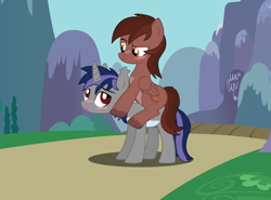 Size: 4736x3498 | Tagged: safe, artist:ghostpikachu, derpibooru import, oc, oc only, oc:autumn rosewood, oc:dreaming star, bat pony, hybrid, pegasus, pony, unicorn, bat pony oc, bat pony unicorn, blushing, chest fluff, cute, cutie mark, daylight, equestria, fangs, grass, grass field, horn, looking at each other, looking at someone, male, maple leaf, mountain, mountain range, oc riding oc, ocbetes, open mouth, outdoors, pale belly, pegasus oc, ponies riding ponies, riding, riding a pony, scenery, sitting, sky, smiling, stallion, standing, tree, unshorn fetlocks