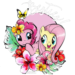 Size: 1500x1500 | Tagged: safe, derpibooru import, fluttershy, pinkie pie, butterfly, cute, diapinkes, flower, shyabetes, simple background, stock vector, transparent background