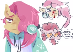 Size: 2048x1479 | Tagged: safe, artist:dmitrymemovznok, derpibooru import, fluttershy, pinkie pie, anthro, earth pony, pegasus, blood, clothes, facial hair, frown, glasses, goatee, hoodie, nosebleed, rule 63, text