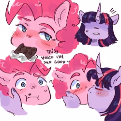 Size: 2048x2048 | Tagged: safe, artist:dmitrymemovznok, derpibooru import, pinkie pie, twilight sparkle, anthro, earth pony, unicorn, blushing, eyes closed, female, food, kiss on the lips, kissing, lesbian, shipping, simple background, sweat, text, twinkie, white background