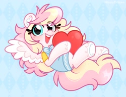 Size: 3098x2376 | Tagged: safe, artist:ninnydraws, derpibooru import, oc, oc only, oc:ninny, pegasus, pony, abstract background, blushing, bowtie, clothes, cute, female, heart, heart eyes, heterochromia, looking at you, open mouth, overalls, shirt, simple background, smiling, solo, spread wings, t-shirt, unshorn fetlocks, wingding eyes, wings