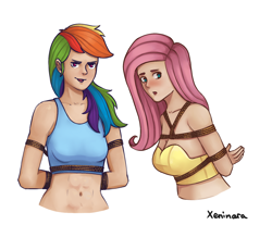 Size: 1608x1329 | Tagged: safe, artist:xeninara, derpibooru import, fluttershy, rainbow dash, human, arm behind back, bondage, bound, clothes, damsel in distress, duo, duo female, female, humanized, rope, rope bondage, ropes, simple background, tied up, underwear, white background