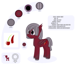 Size: 4213x3719 | Tagged: safe, artist:mrkm, derpibooru import, oc, oc:cherry night, bat pony, bat pony oc, bat wings, cherry, cutie mark, ear fluff, ears, fangs, female, female symbol, folded wings, food, full body, mare, reference sheet, simple background, size comparison, smiling, solo, transparent background, unshorn fetlocks, wings