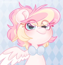 Size: 2218x2286 | Tagged: safe, artist:ninnydraws, derpibooru import, oc, oc only, oc:ninny, pegasus, pony, abstract background, blushing, bowtie, bust, female, heart, heart eyes, heterochromia, looking at you, ponytail, smiling, solo, wingding eyes