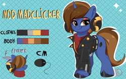 Size: 2645x1662 | Tagged: safe, artist:joaothejohn, derpibooru import, oc, oc:mod-madclicker, pony, unicorn, clothes, commission, cute, ear piercing, earring, feather, horn, jacket, jewelry, piercing, reference sheet, ring, simple background, solo, sweater, text, unicorn oc