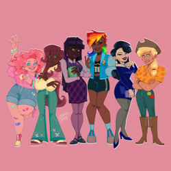 Size: 540x540 | Tagged: safe, artist:asavvyzavvy, derpibooru import, applejack, fluttershy, pinkie pie, rainbow dash, rarity, twilight sparkle, human, blackwashing, boots, converse, cowboy boots, dark skin, high heel boots, humanized, light skin, looking at you, mane six, pink background, shoes, simple background, tan skin