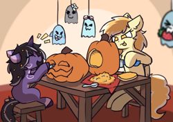 Size: 2745x1927 | Tagged: safe, artist:rivibaes, derpibooru import, oc, oc:orange cream, oc:rivibaes, pegasus, unicorn, female, filly, foal, halloween, knife, mare, marker, pumpkin, pumpkin carving, spoon, table