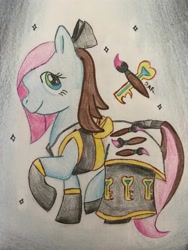 Size: 3024x4032 | Tagged: safe, artist:gracefulart693, derpibooru import, oc, oc only, earth pony, pony, bow, clothes, dress, earth pony oc, eyelashes, female, hair bow, mare, paintbrush, raised hoof, raised leg, solo, traditional art