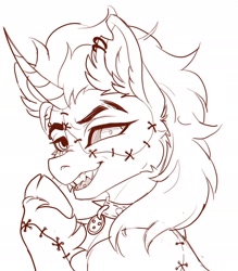 Size: 2129x2429 | Tagged: safe, artist:hebinushisan, derpibooru import, oc, oc only, pony, unicorn, bust, collar, ear fluff, ear piercing, earring, ears, horn, jewelry, lineart, male, piercing, smiling, solo, stallion, stitches, unicorn oc