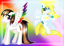 Size: 1152x834 | Tagged: safe, artist:angellightyt, derpibooru import, oc, oc only, pegasus, pony, collaboration, colored wings, duo, eyelashes, halo, jewelry, multicolored wings, necklace, pegasus oc, rainbow wings, wings