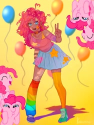 Size: 768x1024 | Tagged: safe, artist:sunifarni, derpibooru import, pinkie pie, earth pony, human, pony, alternate hairstyle, balloon, choker, clothes, converse, cute, dark skin, diapinkes, ear piercing, earring, female, humanized, jewelry, leg warmers, mare, open mouth, peace sign, piercing, shirt, shoes, simple background, skirt, socks, solo, stockings, tanktop, thigh highs, vitiligo, yellow background
